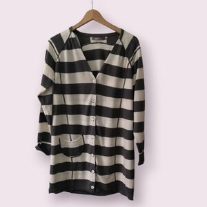 Gray and Cream Striped Button-Front Long Cardigan